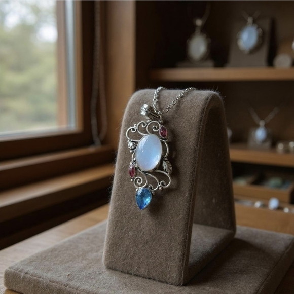 Milky Opal ✦ Blue Sapphire Garnet Pendant ✦ 925 Sterling Silver Intricate Swirl - Picture 4 of 13